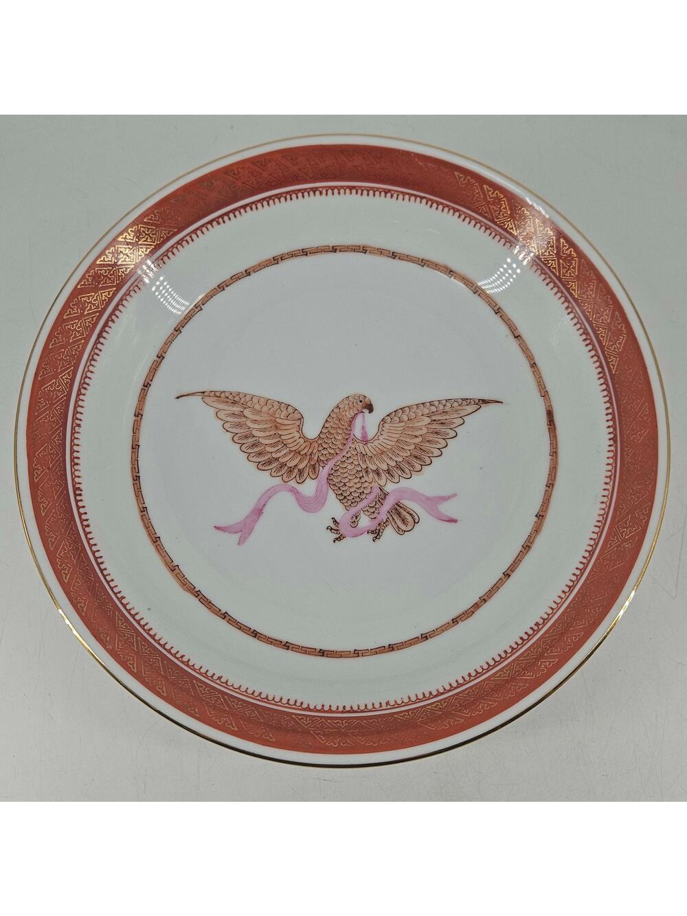 Vintage Hand Painted Chinese Export Eagle w ribbon porcelain Dish Bowl